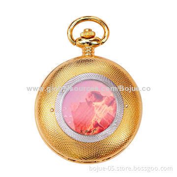 Gold Cover Skeleton Unique Automatic Mechanical Pendant Men's Pocket Watch, Stainless Steel Buckle
